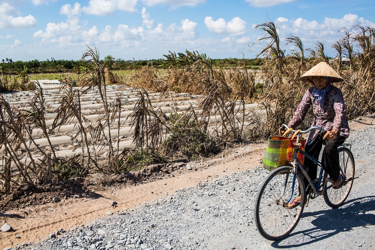 BEN TRE PROVINCE, VIETNAM - MAY 04: A woman cycling by a dried out watermelon field on May 04, 2016 in Ben Tre Province, Vietnam. Vietnam's Mekong Delta had been hit by its worst drought in 90 years caused by the El Nino weather patterns and hydroelectric dams. Based on reports, nearly 140,000 hectares of the Mekong Delta in Vietnam are bone dry and contaminated by salt water, as brine from the sea pushes up the delta's channels. People in affected regions are growing desperate to find water for basic needs and huge amount of the crops for the coming harvest in Vietnam's Mekong Delta, which produces about half of the country's rice, have been spoiled.  (Photo by Christian Berg/Getty Images)