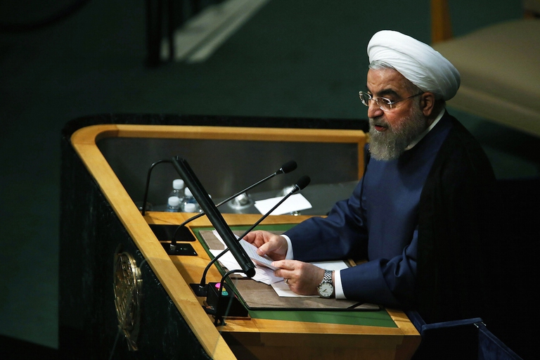 NEW YORK, NY - SEPTEMBER 28: President of Iran Hassan Rouhani addresses the United Nations General Assembly at U.N. headquarters on September 28, 2015 in New York City. The ongoing war in Syria and the refugee crisis it has spawned are playing a backdrop to this years 70th annual General Assembly meeting of global leaders.  (Photo by Spencer Platt/Getty Images)