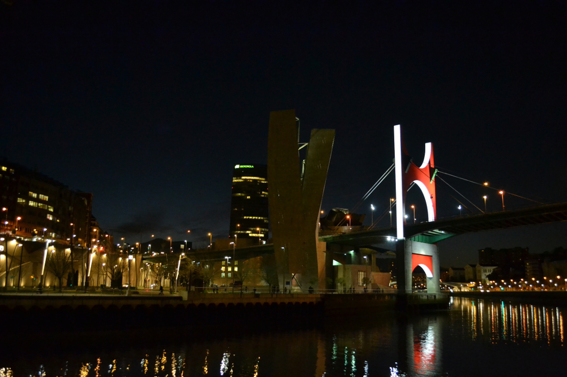 Lo spettacolo notturno nei pressi del ponte di Bilbao