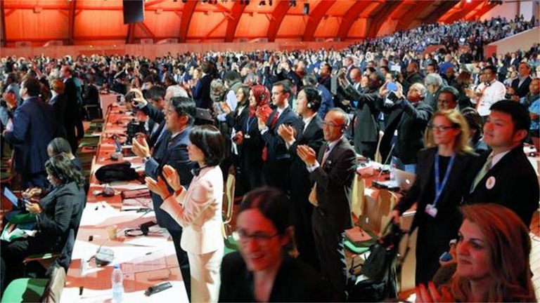 Molti delegati della Cop21 hanno esultato al momento dell'annuncio dell'accordo da parte del presidente della conferenza, il ministro degli Esteri francese Laurent Fabius © Getty Images