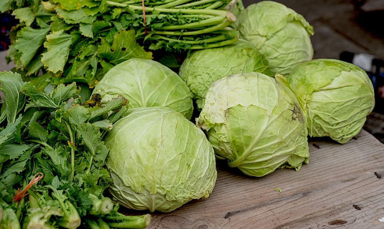 Cime di rapa e cavoli cappuccio in un mercato biologico © iStock