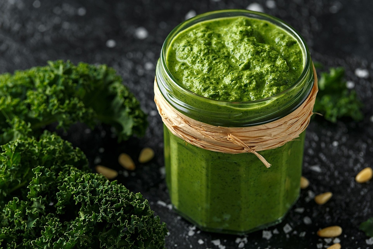 Pesto di cavolo vegano con pinoli arrostiti e scaglie di sale marino © DronG:iStock