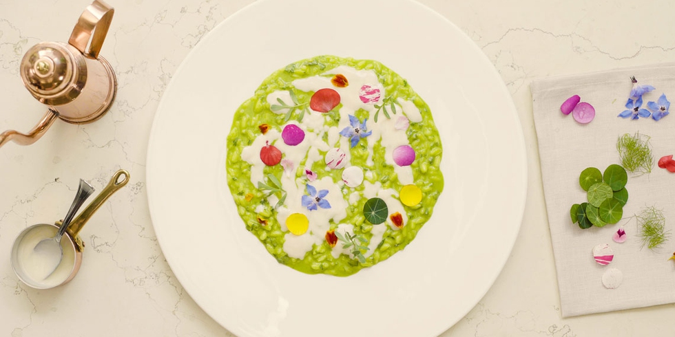 Risotto alle ortiche, la ricetta con salsa al Trentodoc e fiori di campo