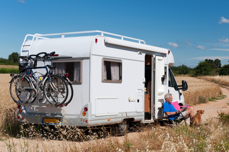 Man with dog on a trip with mobile home