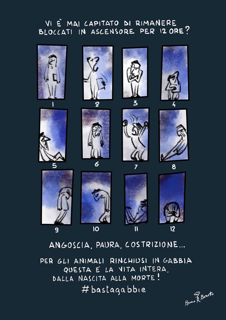 Vignetta che raffigura un uomo bloccato in ascensore