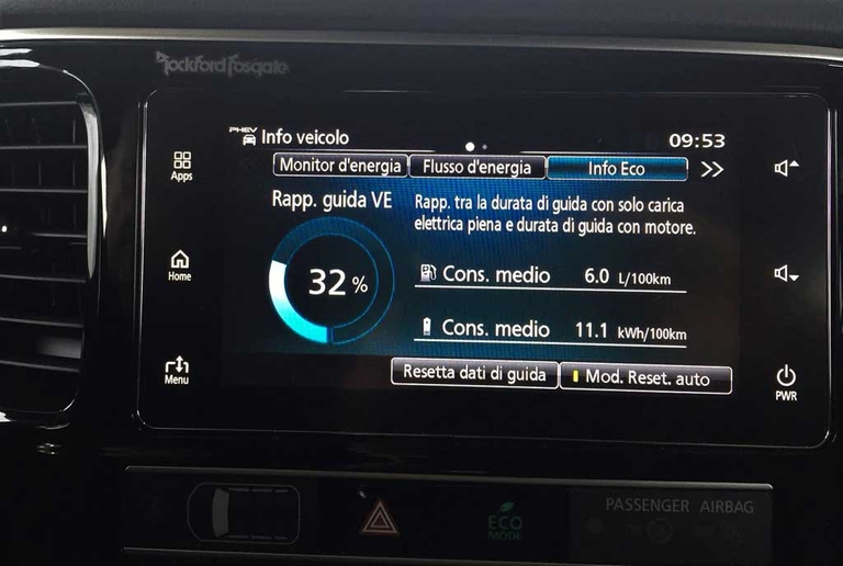 Dallo schermo touch screen sulla plancia è possibile monitorare in tempo reale consumi, stile di guida e i flussi di energia del sistema ibrido. ©Mitsubishi Motors