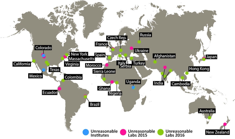 La mappa evidenzia i Paesi nel mondo dove sono presenti i programmi Unreasonable Lab