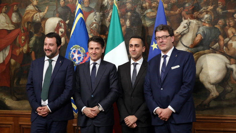 Matteo Salvini, Giuseppe Conte, Luigi Di Maio e Giancarlo Giorgetti, principali esponenti del governo ormai uscente / Getty