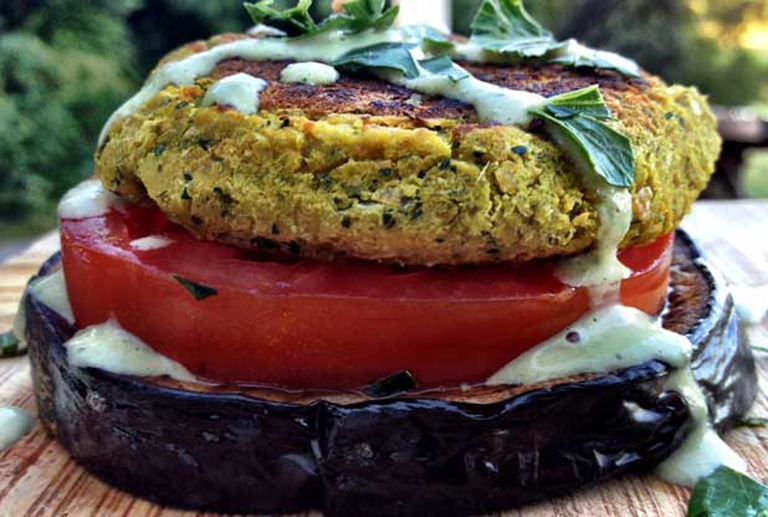 Tomato, falafel and aubergine tower