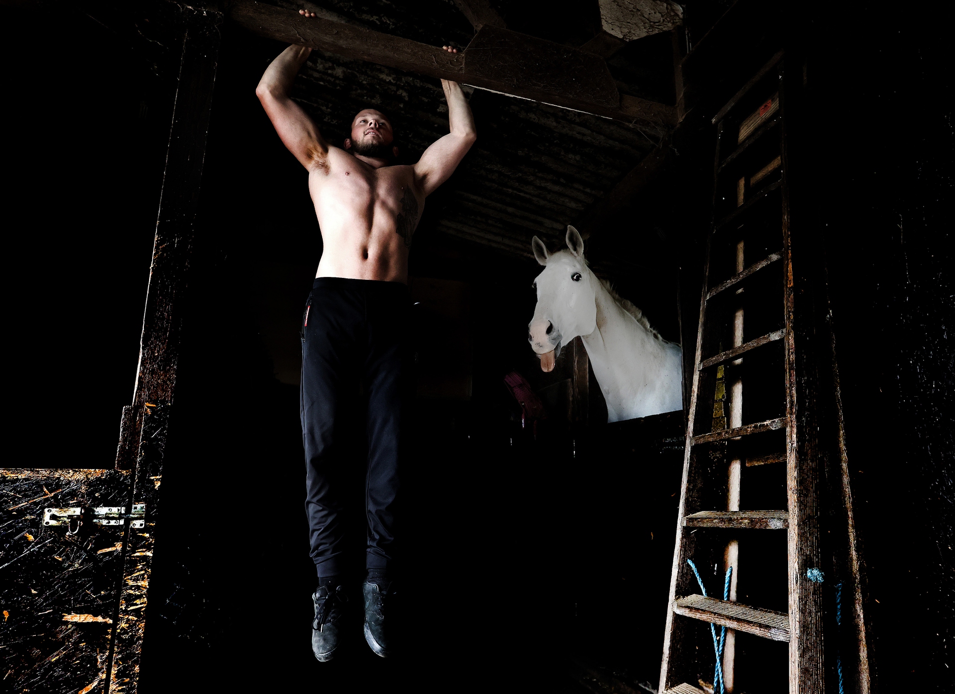 Gymnast Dominick Cunningham trains in his stable during Lockdown