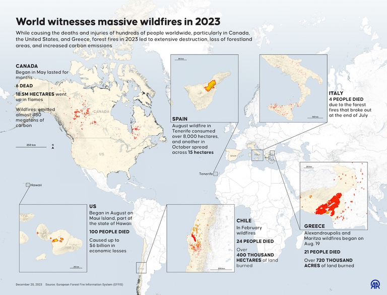 La mappa dei principali incendi divampati nel 2023 nel mondo