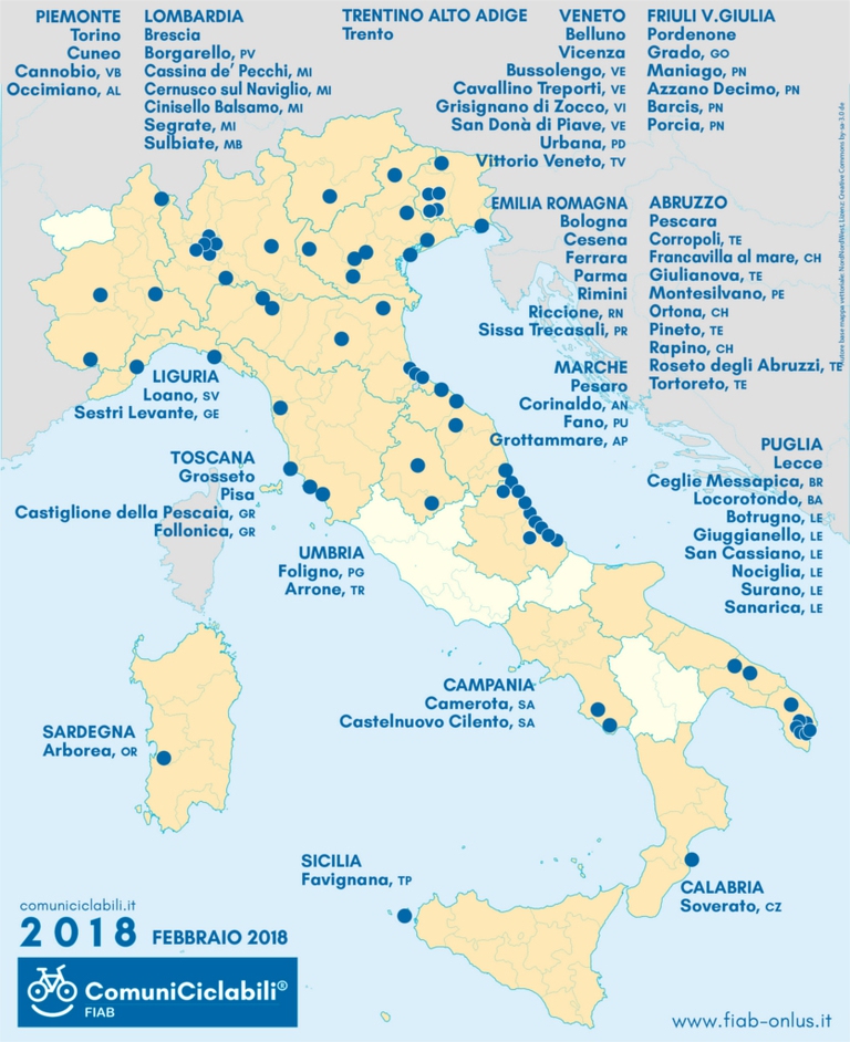 mappa comuni ciclabili fiab 2018