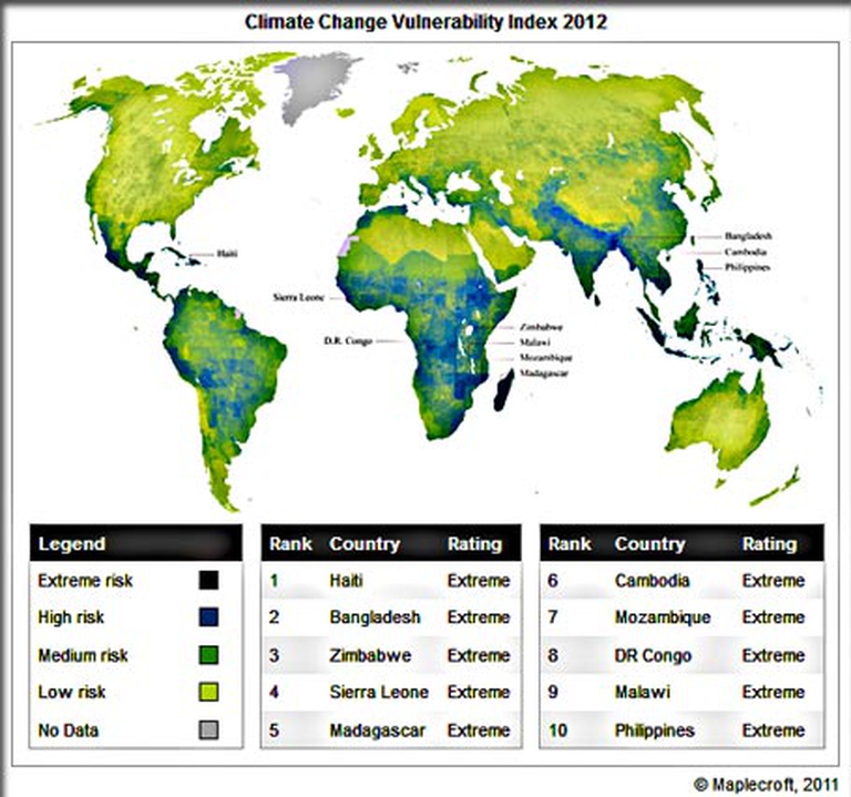 il mappamondo dei paesi a rischio secondo il "Climate Change Vulnerability Index 2012"