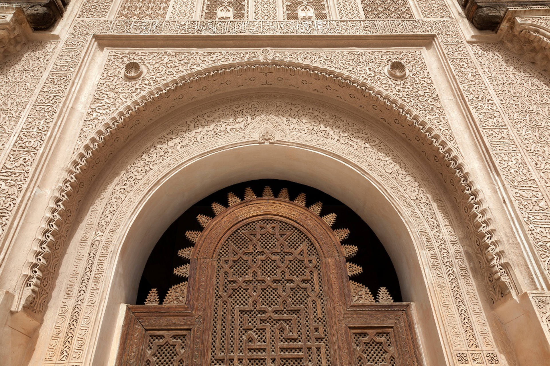 Plaster wall decoration in the Medersa ben Youssef, Marrakech_ingimage