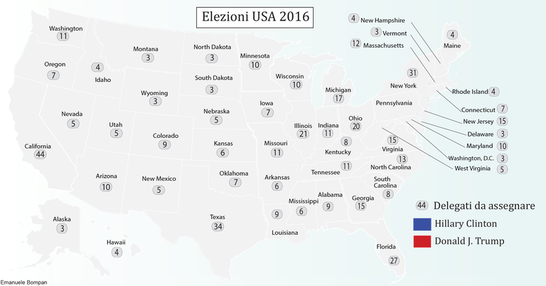 Colora tutti gli stati in blu e rosso per tenere il conto dei grandi elettori