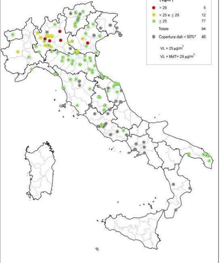La presenza di polveri sottili di tipo Pm2,5 (particolato aerodisperso) in Italia corrisponde in buona parte con i più virulenti focolai di coronavirus / Min. Ambiente