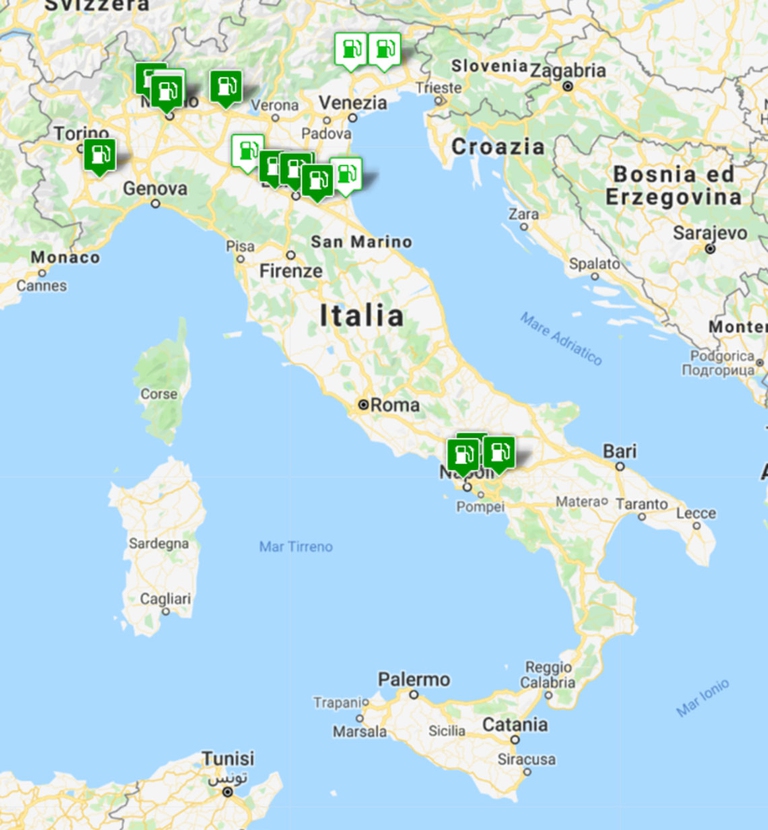 Mappa dei distributori di biometano in Italia, fonte Federmetano