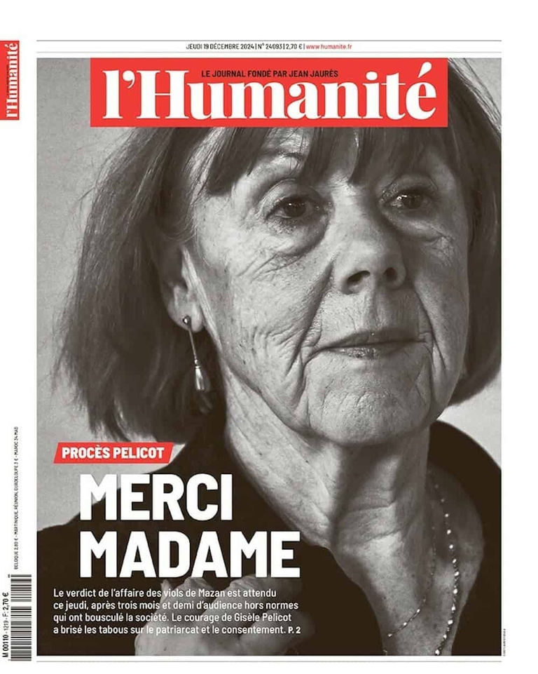 La prima pagina del quotidiano l'Humanité sulla vicenda di Gisèle Pelicot