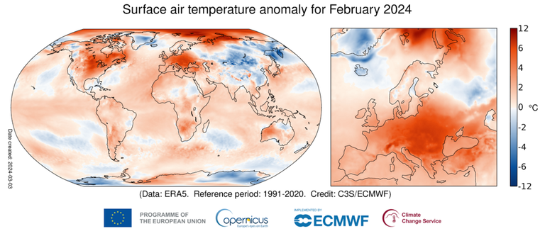 Le anomalie termiche sulla superficie della Terra nel febbraio 2024