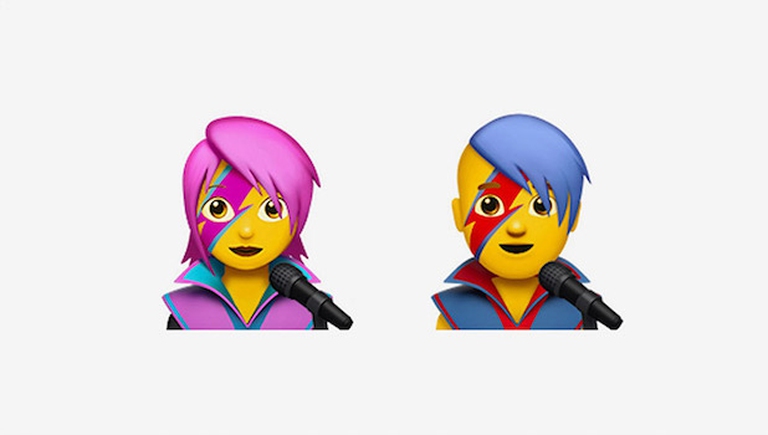 Emoji dedicate a David Bowie con il fulmine rosso e giallo dipinto in mezzo alla faccia.