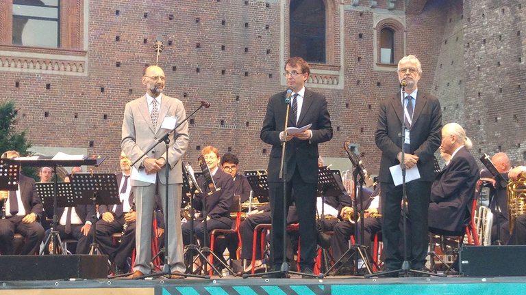 A partire da sinistra, Alberto Garlandini, Presidente comitato Icom Milano 2016, Filippo Del Corno, Assessore alla Cultura del Comune di Milano e Claudio Salsi, direttore del settore Soprintendenza del Castello, Musei archeologici e Musei storici del Comune di Milano. © Chiara Boracchi