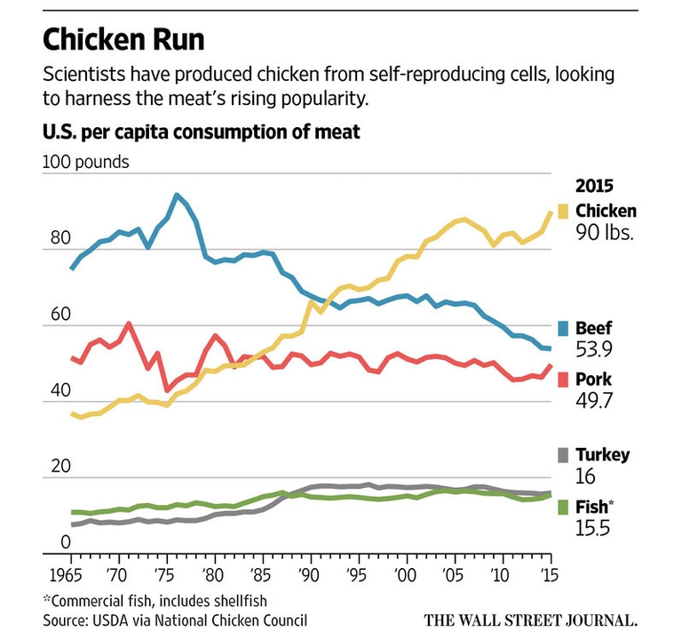 La crescita dei consumi di carne di pollo negli Usa vs gli altri tipi di carne © Wall Street Journal