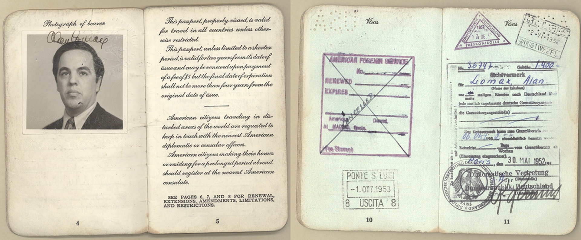Passporto di Alan Lomax durante il suo viaggio in Italia nel 1954 credits Library of Congress