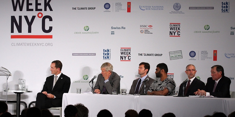 NEW YORK - SEPTEMBER 21:  The Climate Group CEO Steve Howard, President of the United Nations Foundation Timothy Wirth, Actor Hugh Jackman, Tck Tck Tck Campaign chair Kumi Naidoo and Shane Robison attend the 2009 Climate Week NYC kickoff at The New York Public Library on September 21, 2009 in New York City.  (Photo by Ben Hider/Getty Images)
