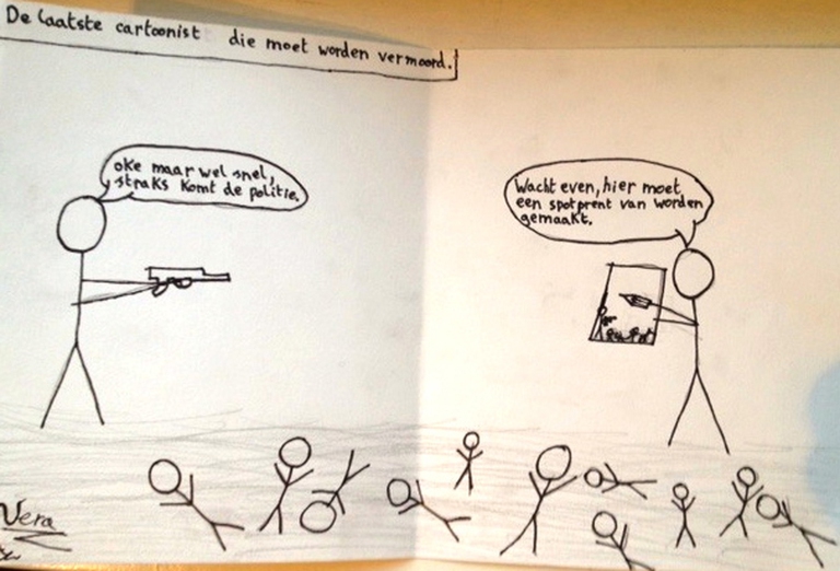 Disegno della strage nella redazione di Charlie Hebdo, realizzato dalla figlia di Westerman