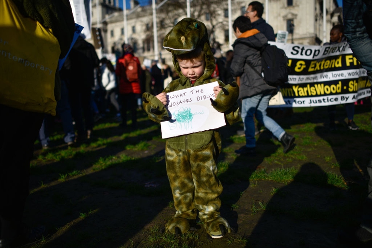 Un bambino vestito da dinosauro durante la protesta dei Friday for Future