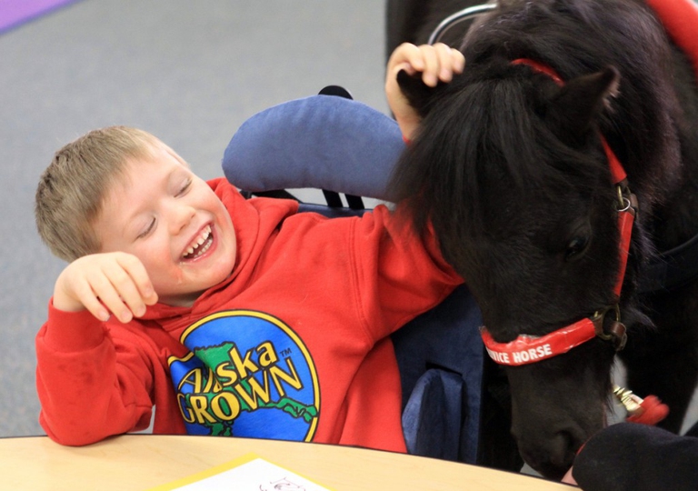 Bambino si relaziona con un pony