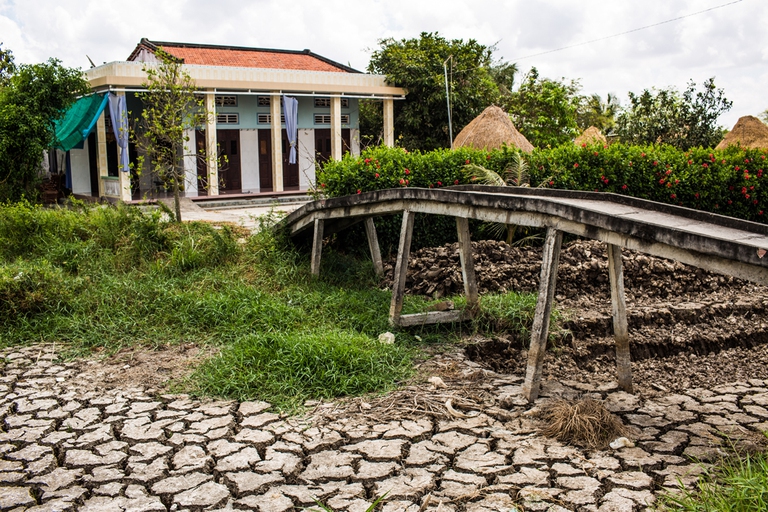 BEN TRE PROVINCE, VIETNAM - MAY 04: A bridge leeds over a dried out fish pond on May 04, 2016 in Ben Tre Province, Vietnam.  Vietnam's Mekong Delta had been hit by its worst drought in 90 years caused by the El Nino weather patterns and hydroelectric dams. Based on reports, nearly 140,000 hectares of the Mekong Delta in Vietnam are bone dry and contaminated by salt water, as brine from the sea pushes up the delta's channels. People in affected regions are growing desperate to find water for basic needs and huge amount of the crops for the coming harvest in Vietnam's Mekong Delta, which produces about half of the country's rice, have been spoiled.   (Photo by Christian Berg/Getty Images)