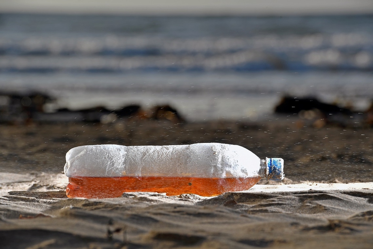 Plastic bottle washed up on the beach in South Troon, Scotland.
