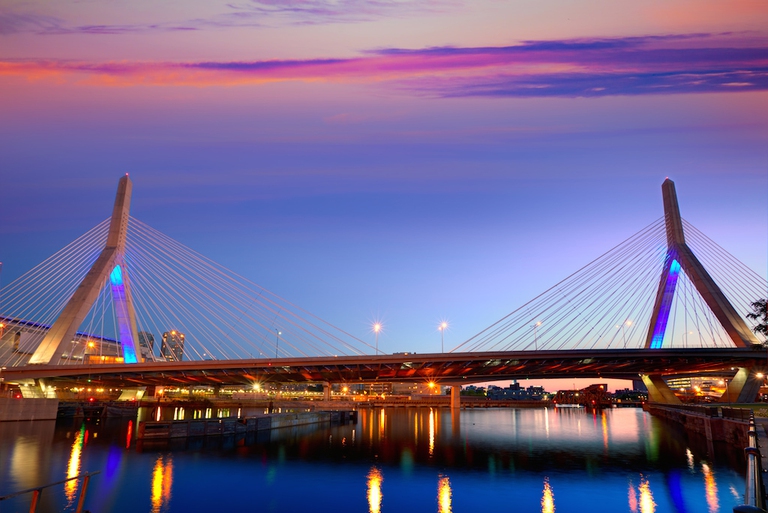 Boston Zakim bridge sunset in Massachusetts