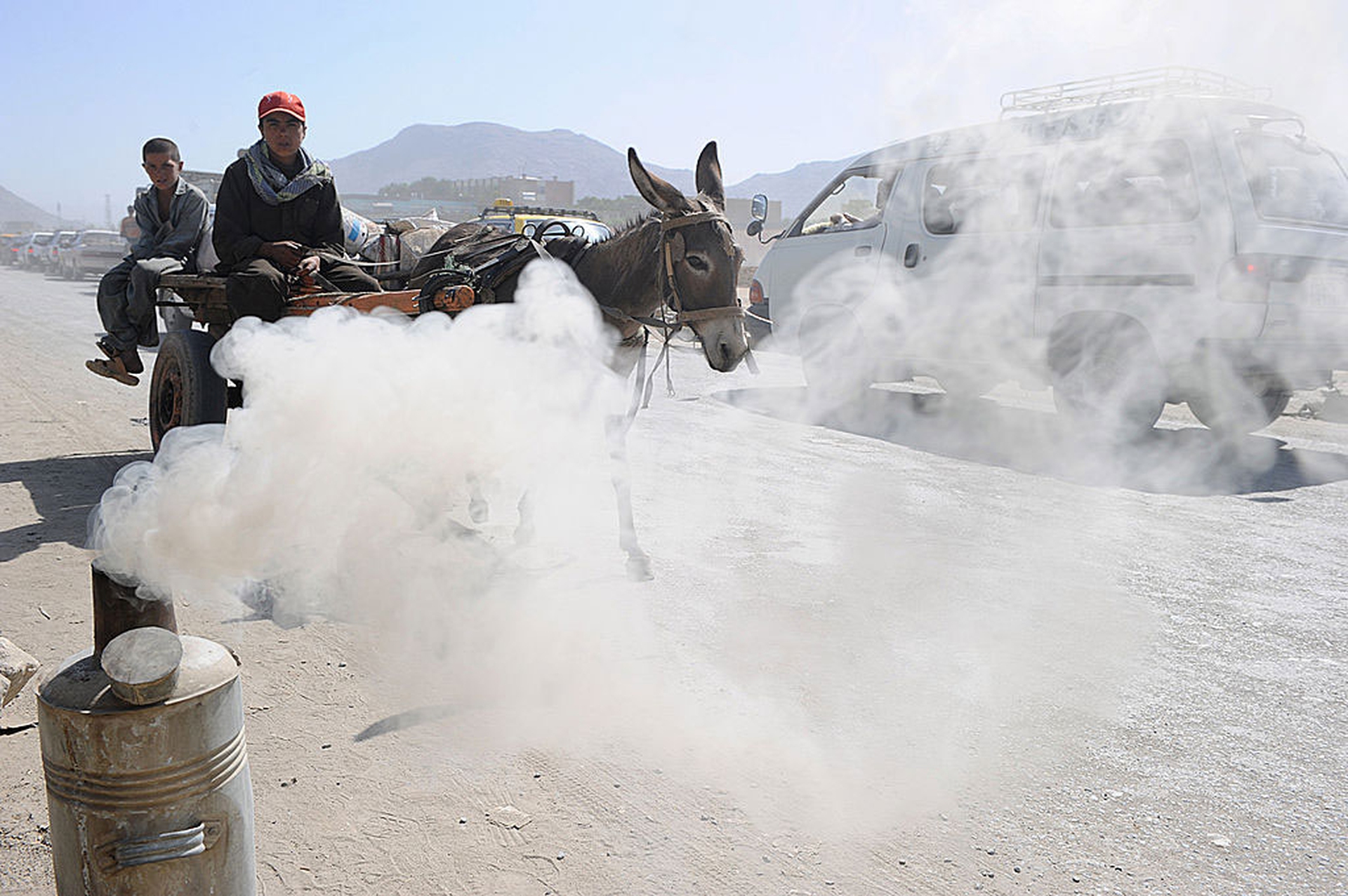 Un asino traina un carretto per le strade di Kabul