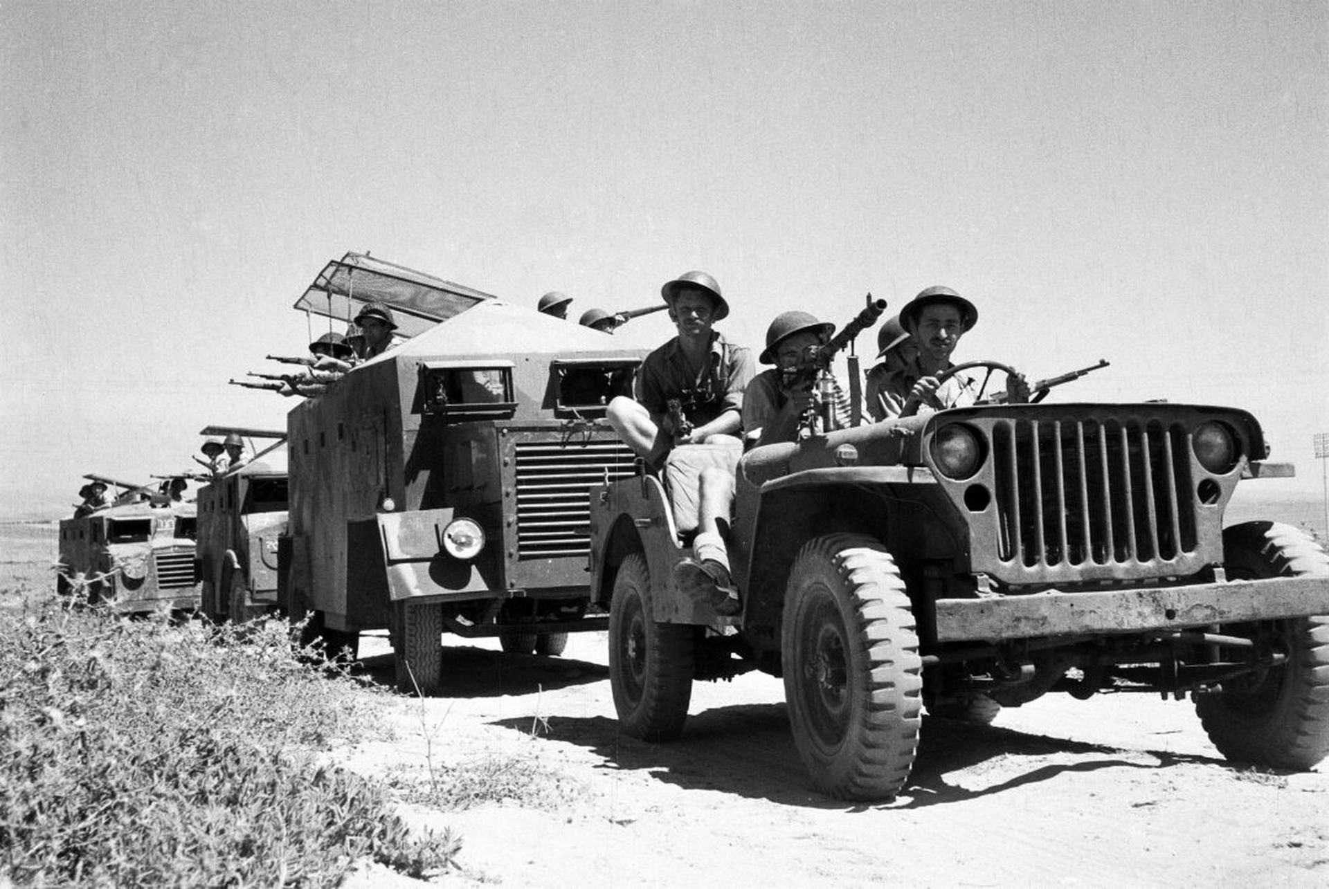 Israel/Palestine: A force of Israeli Palmach armoured cars in the Negev Desert, Arab-Israeli War, 1948