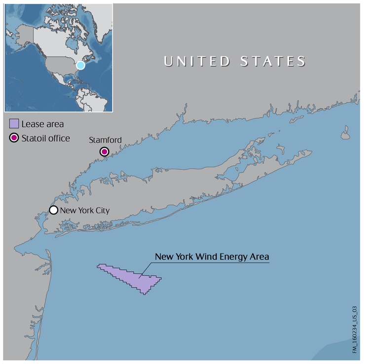 L’area a circa 11,5 miglia nautiche dallo stato di New York dove sarà costruito un nuovo parco eolico offshore dalla norvegese Statoil. Fonte: Statoil