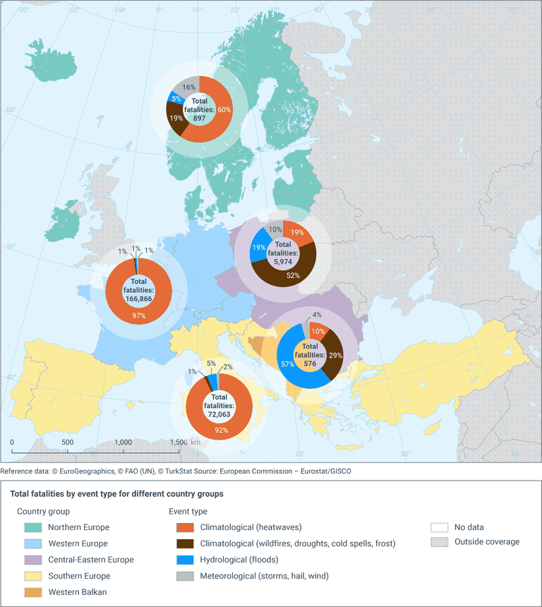 La distribuzione dei morti legati a eventi estremi in Europa nel periodo 1980-2023
