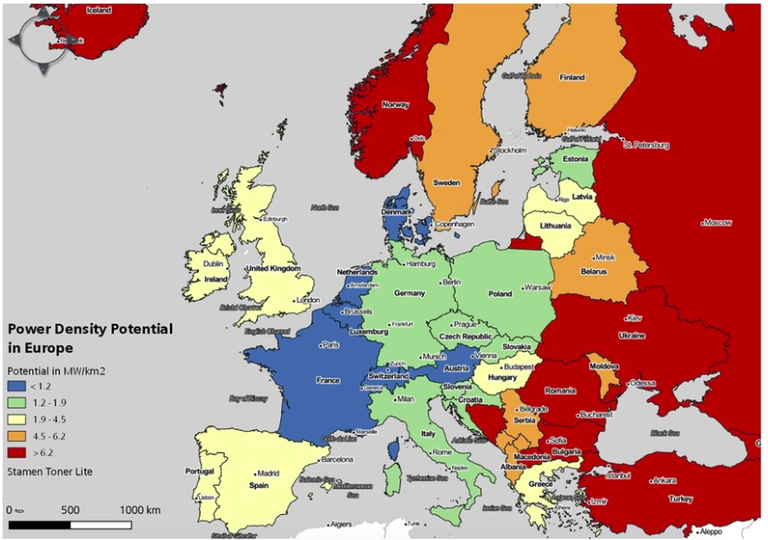 Mappa del potenziale eolico in Europa