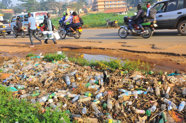 Plastic bottles on the side of the road in Kampala