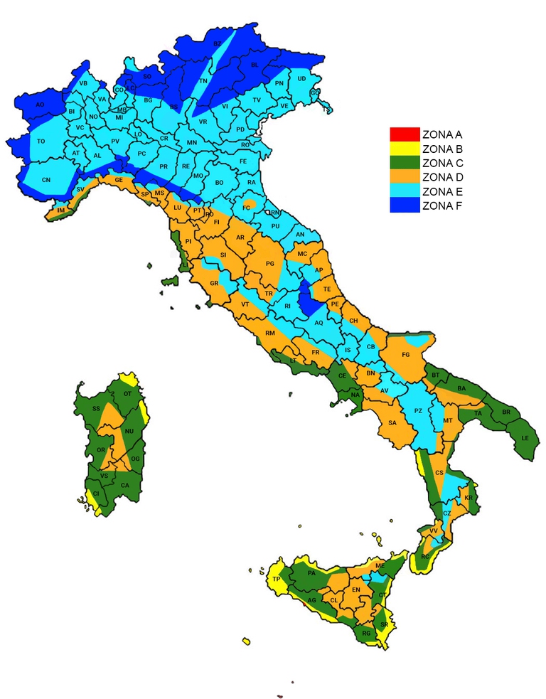 La mappa dell'Italia per zone di riscaldamento