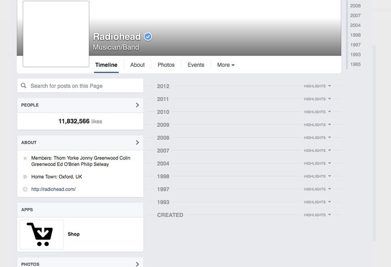 La pagina Facebook ufficiale dei Radiohead bianca e vuota