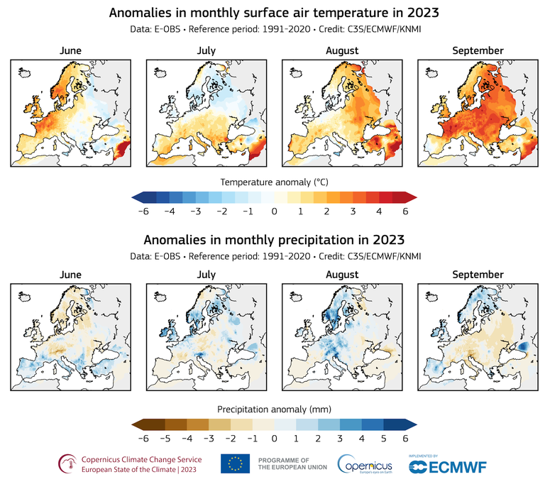 Anomalie termiche e di precipitazioni in Europa nel 2023