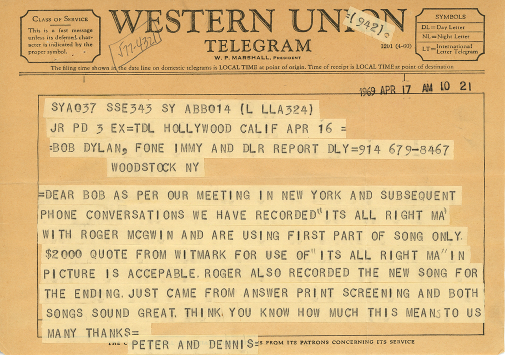Peter Fonda's and Dennis Hopper's telegram