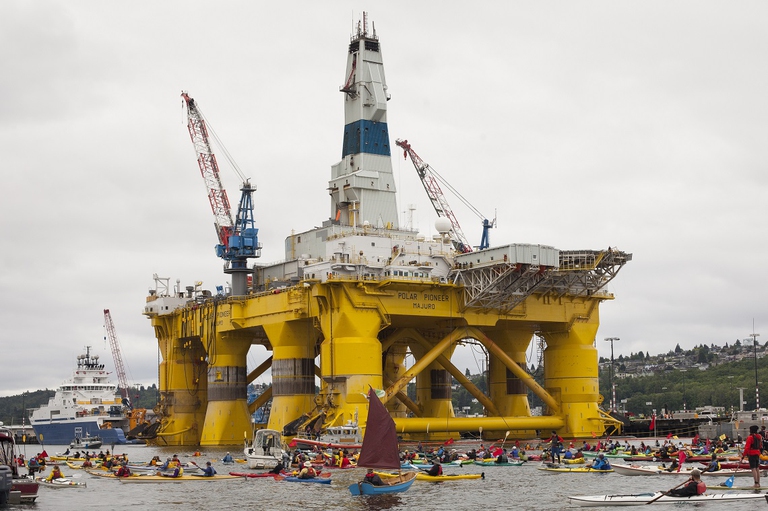 Greenpeace activist in Seattle bay during protests against Arctic drilling in 2015 