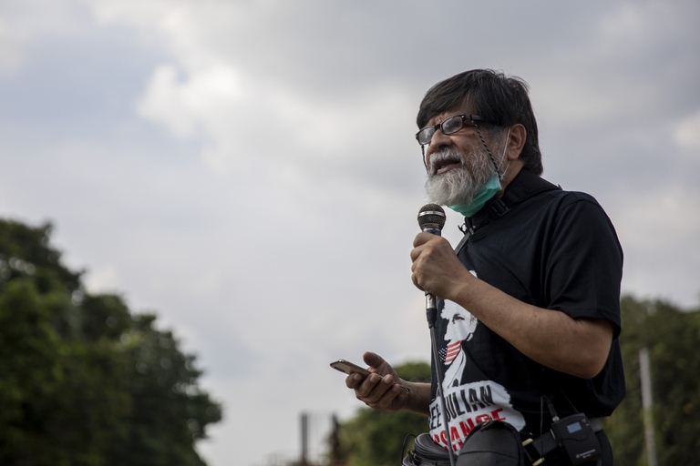 Journalist Shahidul Alam at Drik Picture Library's Crossfire protest in Dhaka, Bangladesh