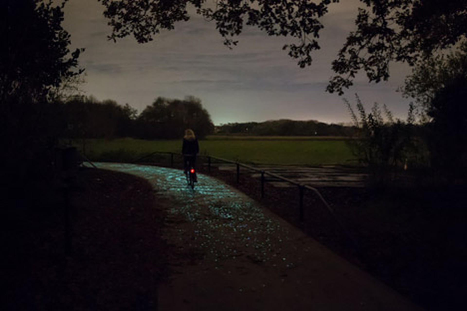 Ciclista su piste ciclabili bioluminescenti