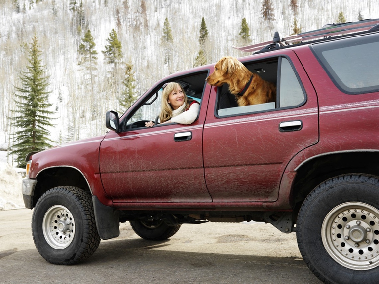 Woman and dog in dirt splattered SUV looking out windows at eachother in snowy countryside.