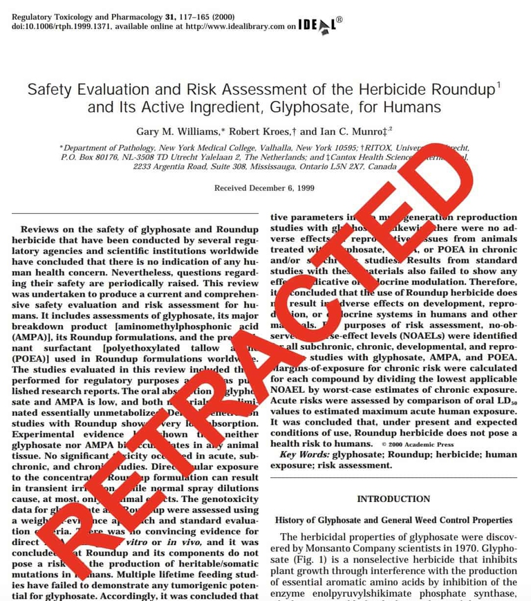 La prima pagina dello studio sul glifosato ritirato dall'editore della rivista scientifica