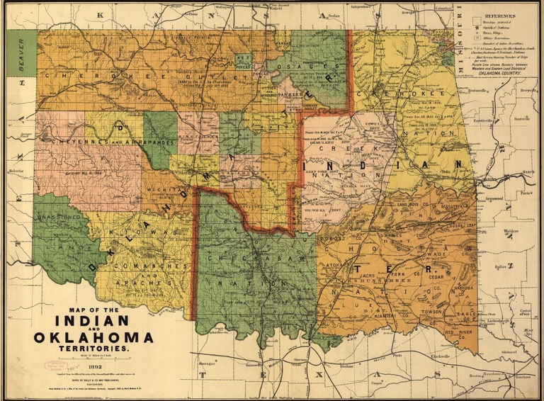 Una mappa dei territori indiani e dell'Oklahoma nel 1892